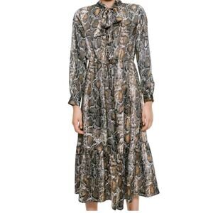 Zara Brown Snakeskin Animal Print Long Sleeve Button Front Tie Neck Midi Dress L